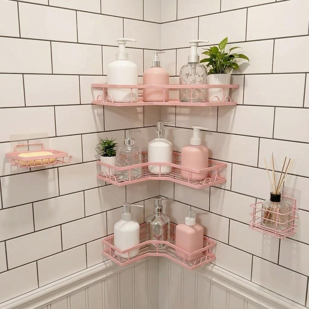 Home Essentials Bathroom Organizer - 5-teiliges minimalistisches rosa Duschorganizer-Set, bohrfreies, selbstklebendes