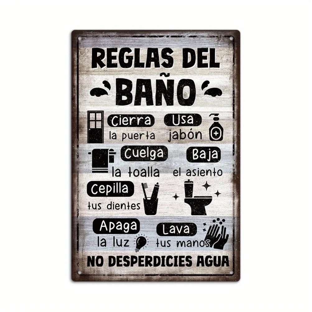 Home Bathroom Rules - 1 Stück Spanisches Vintage-Badezimmer-Regelschild aus Metall