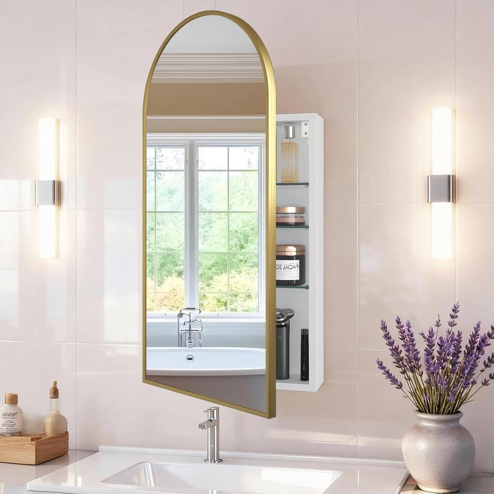 Bathroom Cabinet Mirror - Luxuriöser gewölbter goldener Badezimmerschrank mit Spiegel,