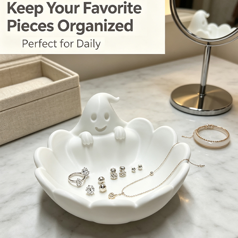 Home Essentials Bathroom Organizer - Mattweißes 3D-Schmucktablett in Geisterform mit Geistergesichtsdetails,